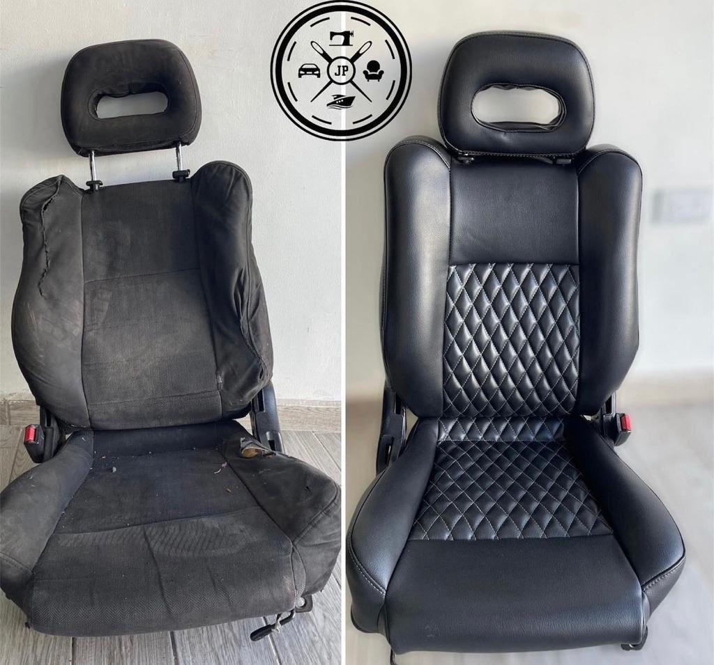 Antes y después de asiento de auto negro